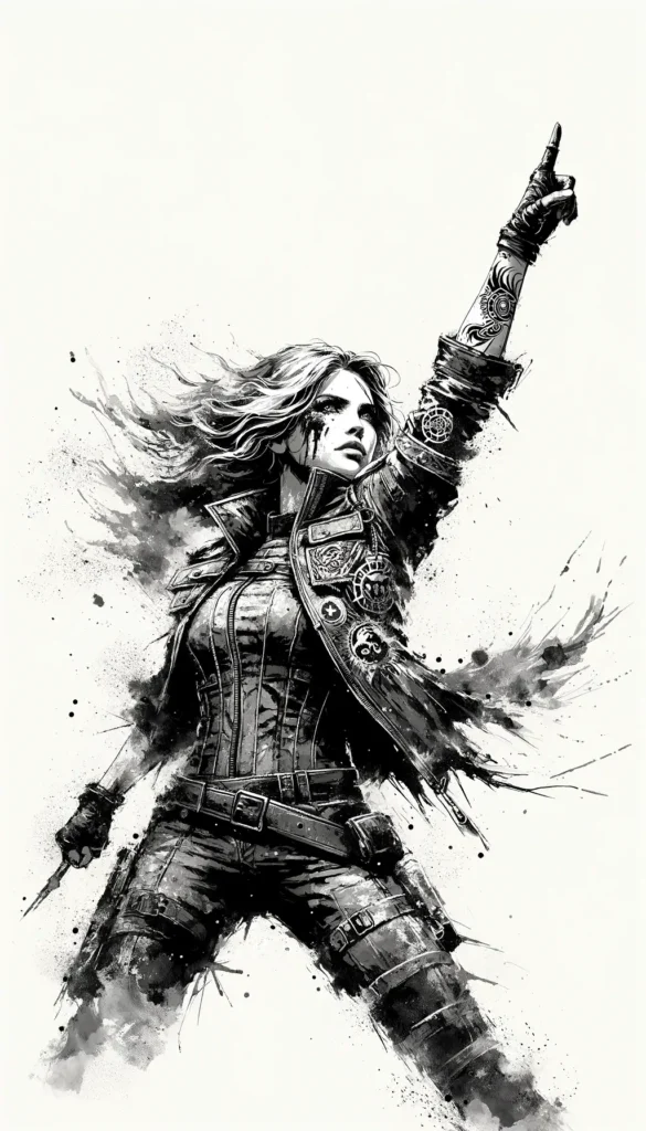 Intense black and white artwork of a female warrior for a creative portfolio.