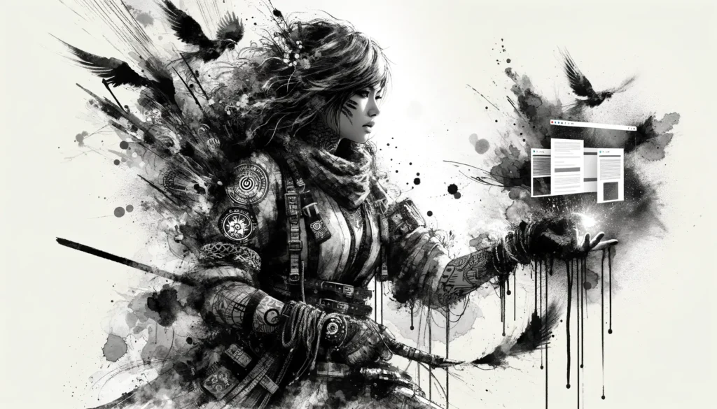 Artistic portrayal of a female warrior with a futuristic interface symbolizing Dhubab Design's innovative web solutions.