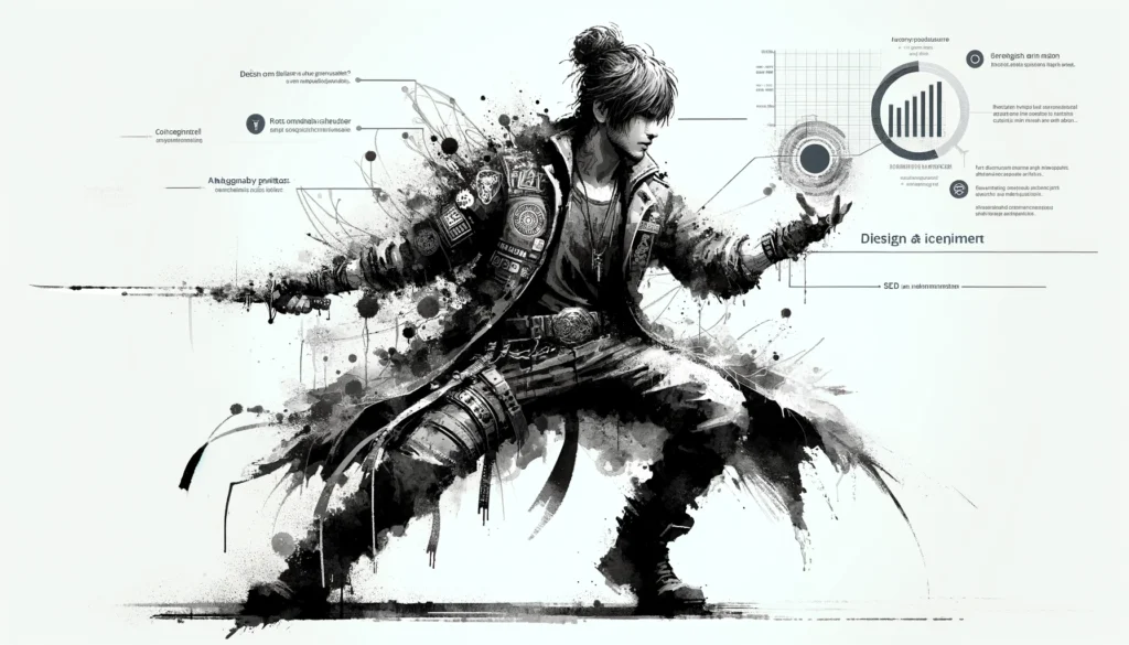 Male warrior in a dynamic pose with graphic design annotations.