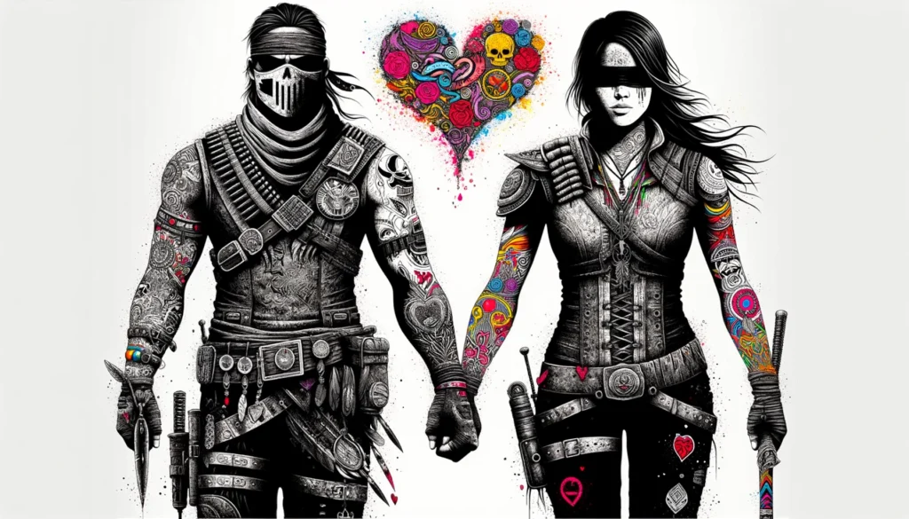 Two figures with detailed tattoos and a vibrant heart symbol representing love and Valentine day between them.