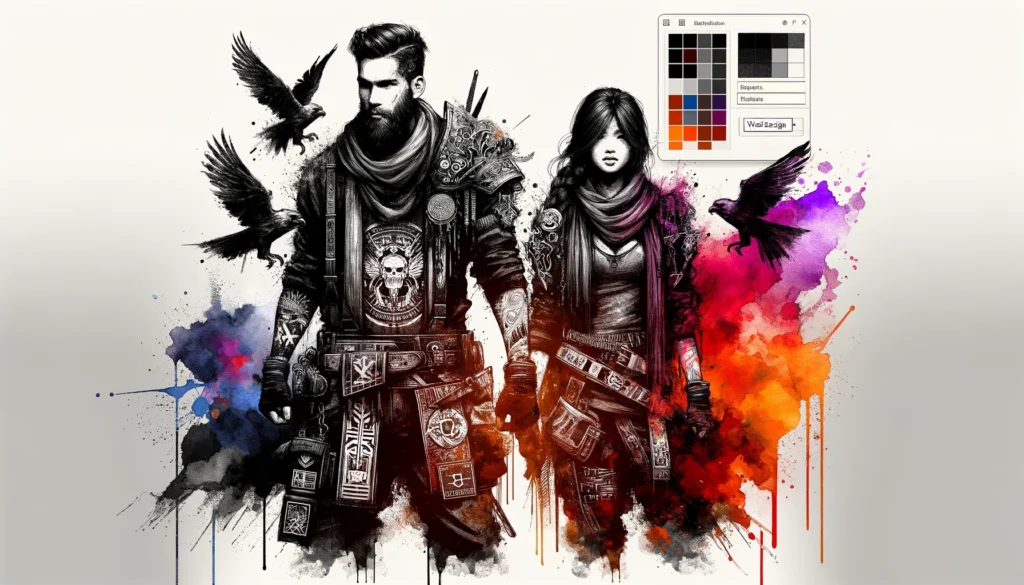 Black and white illustration of two characters with splashes of vivid color.