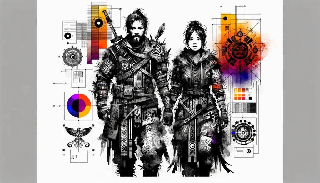 Artistic representation of two warriors with colorful design elements.