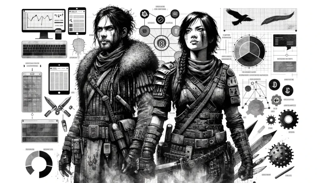 Black and white illustration of warriors with technical diagrams for a creative portfolio.